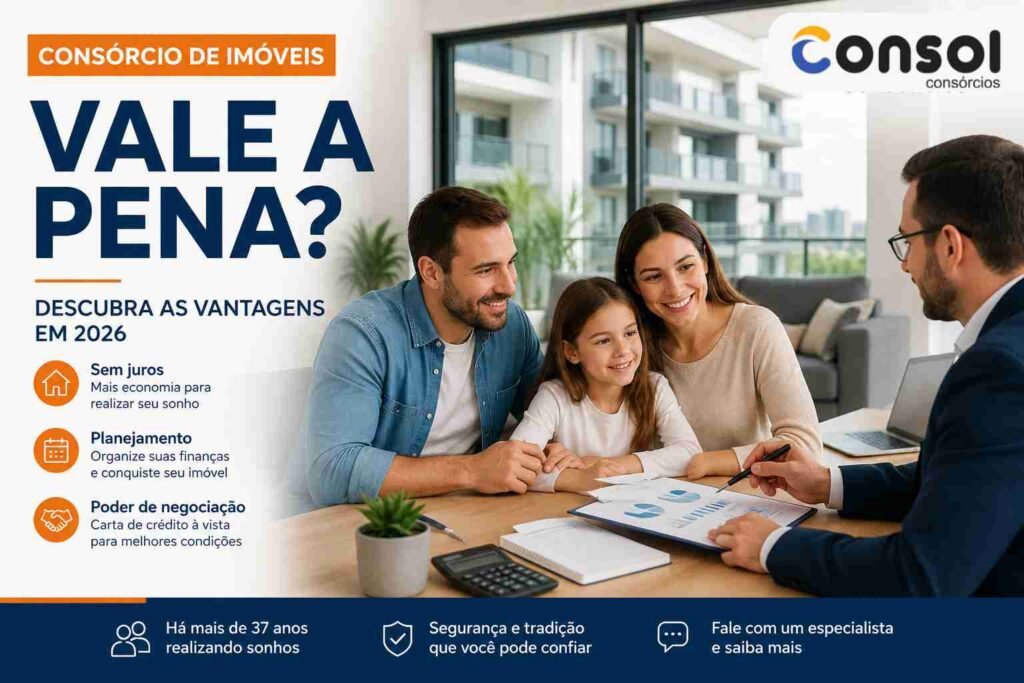 Casal com filha fechando negócio de aquisição de imóveis pelo consórcio.