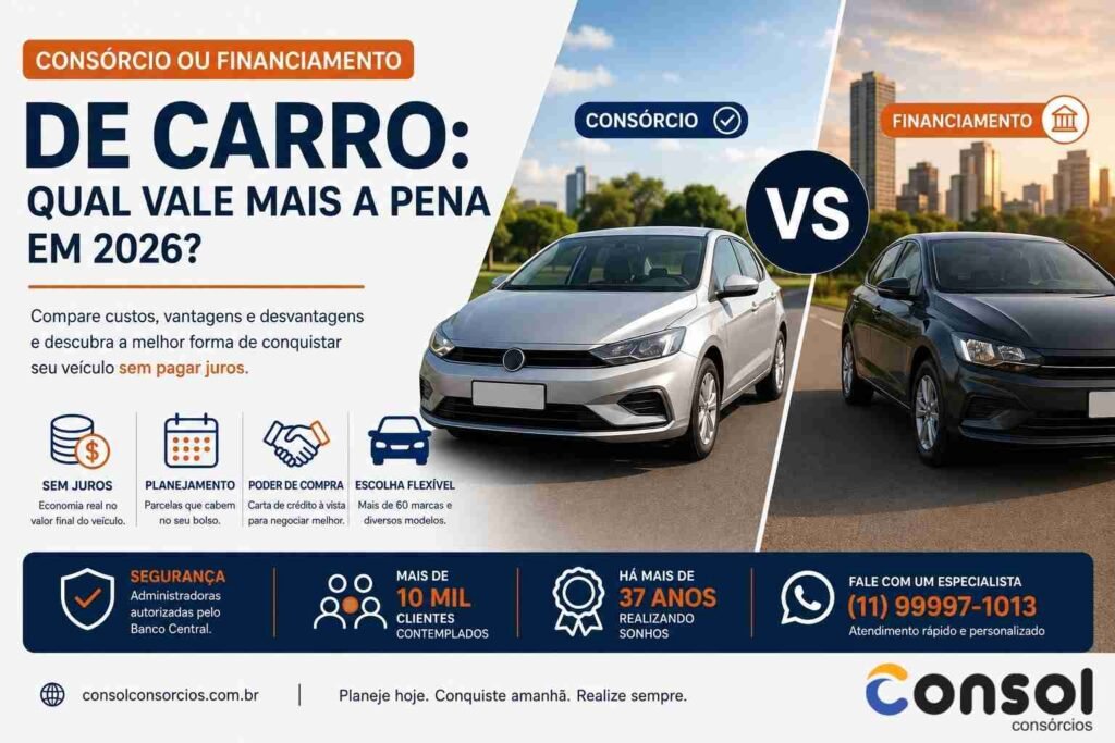 Consórcio ou financiamento de carro: comparação entre as modalidades para escolher a melhor forma de comprar um veículo em 2026.